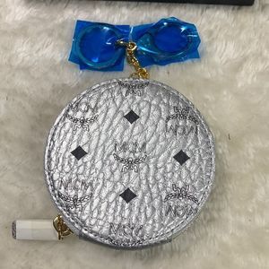 New MCM SilverVisetos Canvas Round Coin Purse Wallet and Key Chain
